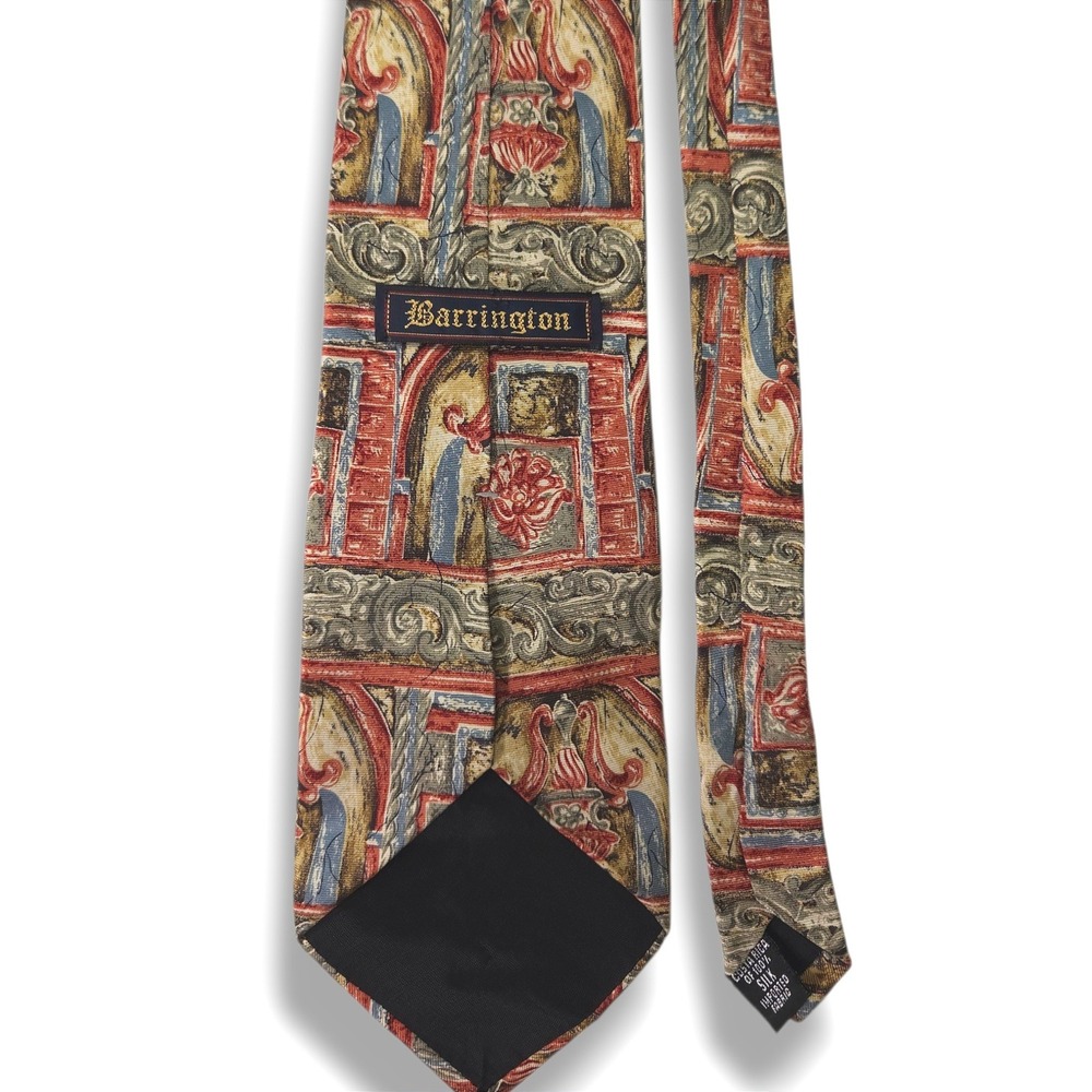 Barrington Silk Necktie Ornate Baroque Architectural Print Red Gold Vintage OS - Picture 3 of 6